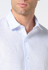 Long Sleeve Shirt in Linen and Cotton - Light Blue Stripe Print - 2062 riga azzurra | Perofil