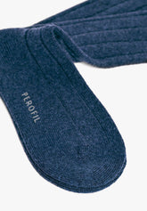 Wool and Cashmere Ribbed Long Socks - Blue - C008 blu | Perofil