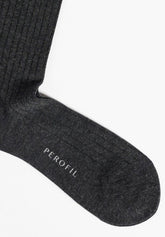Light Cashmere and Viscose Ribbed Long Socks - Anthracite Mélange - C081 antracite melange | Perofil