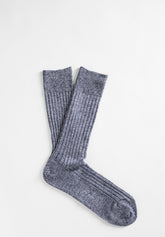 Ribbed Cotton and Fresh Linen Short Socks - Blue Mélange - C092 blu melange | Perofil