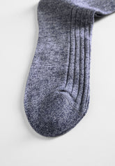 Ribbed Cotton and Fresh Linen Short Socks - Blue Mélange - C092 blu melange | Perofil