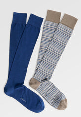 Long Socks in Stretch Cotton Stripes Bipack - Taupe Stripe Print - C129 riga tortora | Perofil