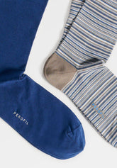 Long Socks in Stretch Cotton Stripes Bipack - Taupe Stripe Print - C129 riga tortora | Perofil