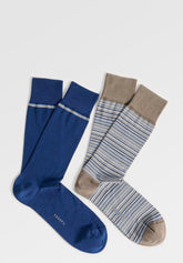 Short Socks in Stretch Cotton Stripes Bipack - Taupe Stripe Print - C129 riga tortora | Perofil