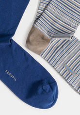 Short Socks in Stretch Cotton Stripes Bipack - Taupe Stripe Print - C129 riga tortora | Perofil