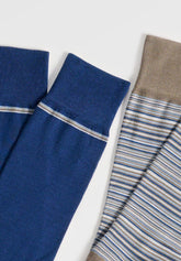 Short Socks in Stretch Cotton Stripes Bipack - Taupe Stripe Print - C129 riga tortora | Perofil