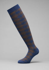 Check Pattern Cotton and Cashmere Long Socks - Blue Mélange and Coffee - C202 blu mel./caffe' | Perofil
