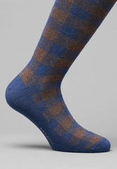 Check Pattern Cotton and Cashmere Long Socks - Blue Mélange and Coffee - C202 blu mel./caffe' | Perofil