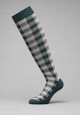 Check Pattern Cotton and Cashmere Long Socks - Green Mélange and Safari - C214 verde mel./safari | Perofil