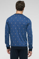 Long Serafino Collar Pyjamas in Winter Cotton - Denim e Blue Print - S813 st.sci blu sky/blu | Perofil