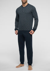 Long Serafino Collar Pyjamas in Winter Cotton - Blue Tie Print - S815 st.cravatteria blu/blu | Perofil