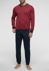Long Serafino Collar Pyjamas in Winter Cotton - Ruby and Blue Watch Print - S817 st.orologi rubino/blu | Perofil