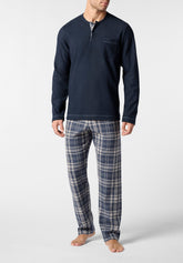 Pigiama Lungo Serafino in Punto Milano con Fantasia Check - Blu - 0023 blu | Perofil