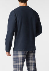 Pigiama Lungo Serafino in Punto Milano con Fantasia Check - Blu - 0023 blu | Perofil