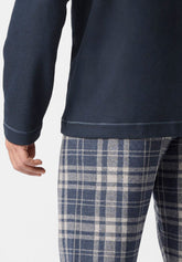 Pigiama Lungo Serafino in Punto Milano con Fantasia Check - Blu - 0023 blu | Perofil