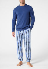 Long Round Neck Cotton Pyjamas - Denim and Stripe Print - 2087 denim/st.riga | Perofil
