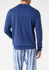 Long Round Neck Cotton Pyjamas - Denim and Stripe Print - 2087 denim/st.riga | Perofil