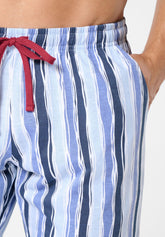 Long Round Neck Cotton Pyjamas - Denim and Stripe Print - 2087 denim/st.riga | Perofil