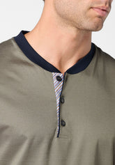 Short Serafino Collar Pyjamas in Mercerised Cotton - Green and Blue - 2101 vegetale/blu | Perofil