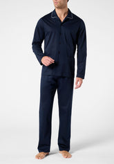 Pigiama Lungo Aperto con Collo in Cotone mercerizzato - Blu - 0023 blu | Perofil
