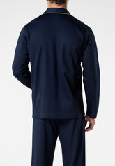 Pigiama Lungo Aperto con Collo in Cotone mercerizzato - Blu - 0023 blu | Perofil
