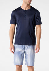 Short Serafino Collar Pyjamas in Mercerised Cotton and Lyocell - Blue and Denim Stripe Print - 2135 blu/riga denim | Perofil
