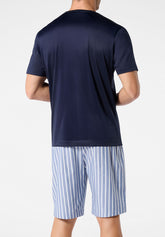 Short Serafino Collar Pyjamas in Mercerised Cotton and Lyocell - Blue and Denim Stripe Print - 2135 blu/riga denim | Perofil