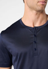 Short Serafino Collar Pyjamas in Mercerised Cotton and Lyocell - Blue and Denim Stripe Print - 2135 blu/riga denim | Perofil