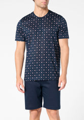 Short Serafino Collar Pyjamas in Mercerised Cotton Print - Blue Tie and Blue Print - S283 st.cravatteria blu/blu | Perofil