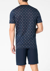Short Serafino Collar Pyjamas in Mercerised Cotton Print - Blue Tie and Blue Print - S283 st.cravatteria blu/blu | Perofil