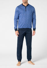 Long Serafino Collar Pyjamas in Mercerised Cotton Print - Van Denim and Blue Print - S281 st.van denim/blu | Perofil
