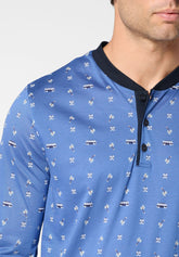 Long Serafino Collar Pyjamas in Mercerised Cotton Print - Van Denim and Blue Print - S281 st.van denim/blu | Perofil