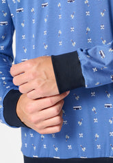 Long Serafino Collar Pyjamas in Mercerised Cotton Print - Van Denim and Blue Print - S281 st.van denim/blu | Perofil