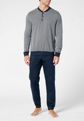 Long Serafino Collar Pyjamas in Mercerised Cotton Print - Geometric and Blue Print - S285 st.geometrica/blu | Perofil