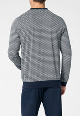 Long Serafino Collar Pyjamas in Mercerised Cotton Print - Geometric and Blue Print - S285 st.geometrica/blu | Perofil