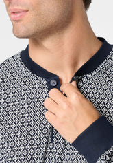 Long Serafino Collar Pyjamas in Mercerised Cotton Print - Geometric and Blue Print - S285 st.geometrica/blu | Perofil