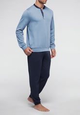 Long Serafino Collar Pyjamas in Winter Cotton - Ice and Blue - 3946 ghiaccio / blu | Perofil