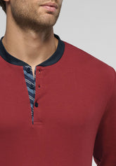 Long Serafino Collar Pyjamas in Winter Cotton - Ruby and Blue - 3948 rubino/blu | Perofil