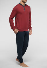 Long Serafino Collar Pyjamas in Winter Cotton - Ruby and Blue - 3948 rubino/blu | Perofil