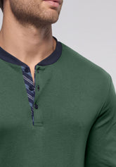 Long Serafino Collar Pyjamas in Winter Cotton - Green and Blue - 3947 verde/blu | Perofil