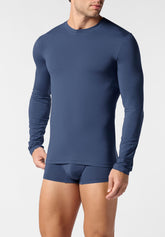 Maglia Manica Lunga Girocollo in Modal Elasticizzato Color X-Touch - Denim - 2080 denim | Perofil