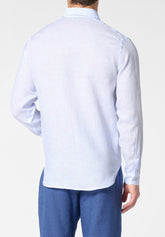 Long Sleeve Shirt in Linen and Cotton - Light Blue Stripe Print - 2062 riga azzurra | Perofil