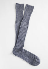 Ribbed Cotton and Fresh Linen Long Socks - Blue Mélange - C092 blu melange | Perofil