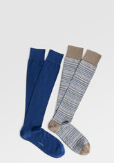 Long Socks in Stretch Cotton Stripes Bipack - Taupe Stripe Print - C129 riga tortora | Perofil