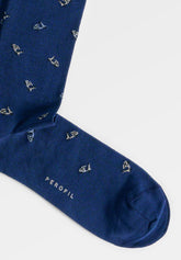 Long Socks in Stretch Mercerized Cotton Motorbike - Blue Print - C052 fantasia blu | Perofil