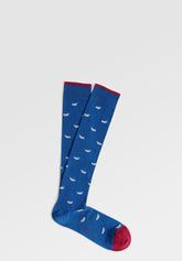 Long Socks in Stretch Mercerized Cotton Whales - Denim Mélange Print - C137 fantasia denim melange | Perofil