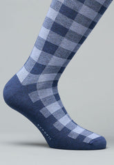 Check Pattern Cotton and Cashmere Long Socks - Blue Mélange and Ice - C203 blu mel./ghiaccio | Perofil