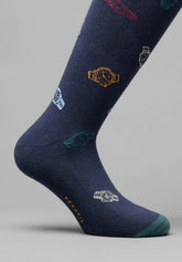 Winter Cotton Clock Pattern Long Socks - Blue Mélange Print - C144 fantasia blu melange | Perofil