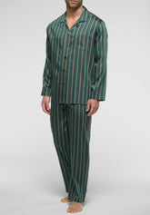 Long Open Pyjamas with Buttons in Lyocell - Green Stripe Print - 6062 riga verde | Perofil