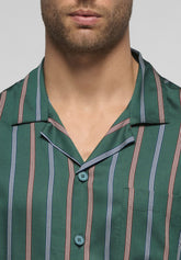 Long Open Pyjamas with Buttons in Lyocell - Green Stripe Print - 6062 riga verde | Perofil